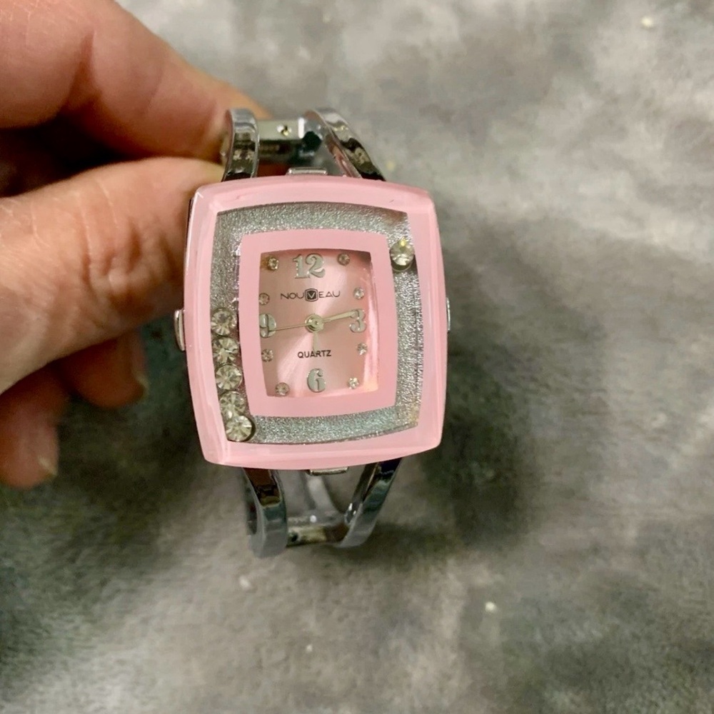 Pink Nouveau Pink & White Rhinestone Womens Cuff Wristwatch
